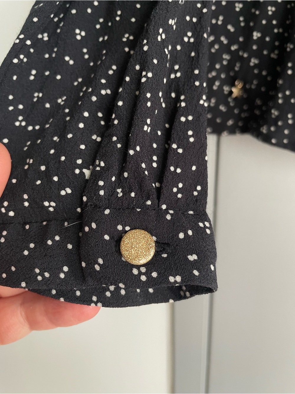 DES PETITS HAUTS Black Long Sleeve Peplum Button Top with White Micro Print - Picture 8 of 15